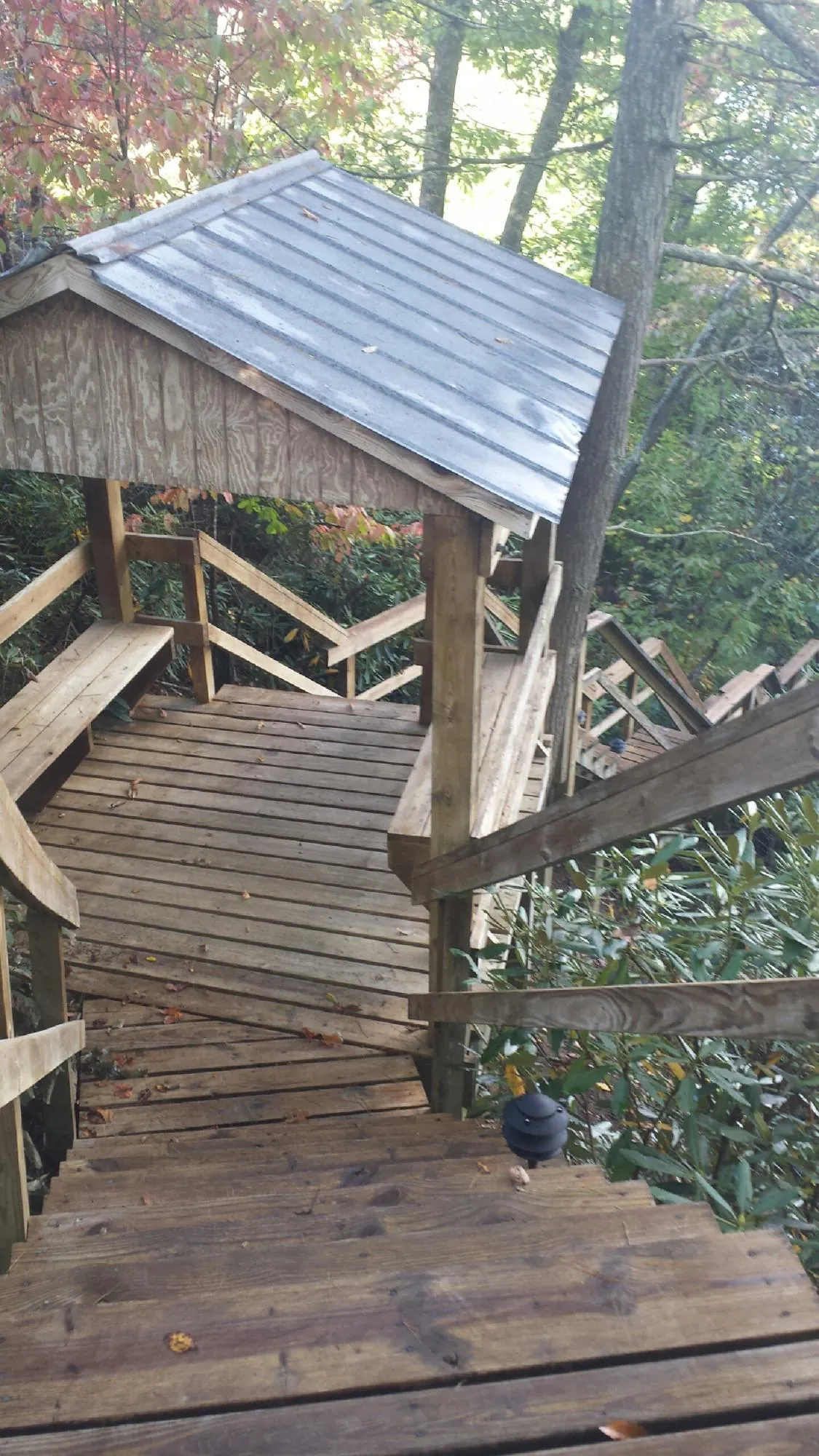 Metal roofed shelter over wooden steps on a wooded walkway — Skylight Repair & Installation work by our crew in Cibolo